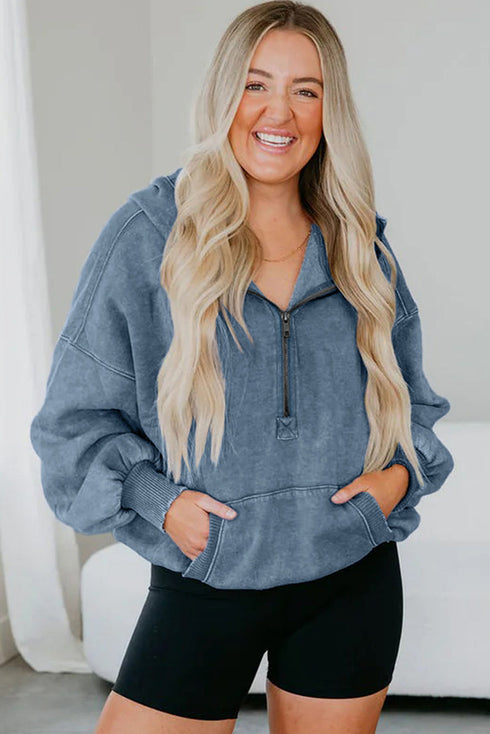 Half Zip Kangaroo Pocket Mineral Wash Baggy Hoodie