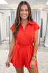 Half Zip Polo Collar Elastic Waist Casual Romper