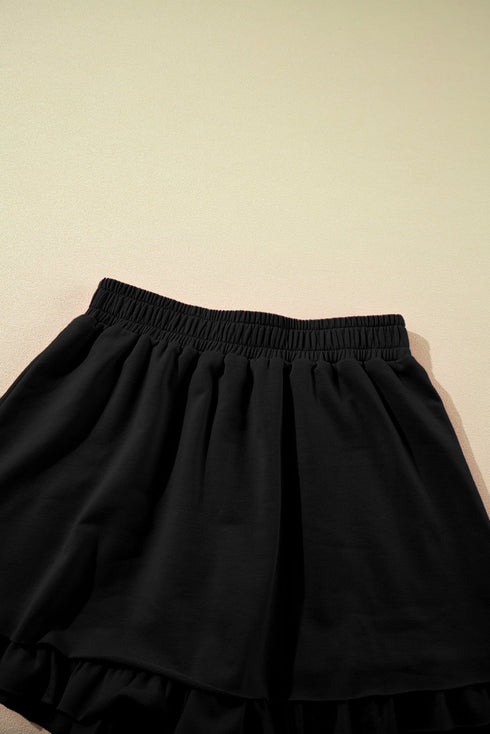 Half Zip Puff Sleeve Top and Ruffled Shorts Set