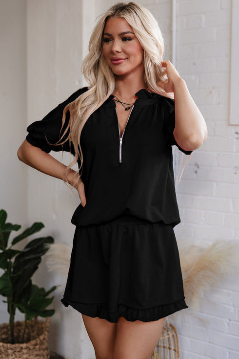 Half Zip Puff Sleeve Top and Ruffled Shorts Set