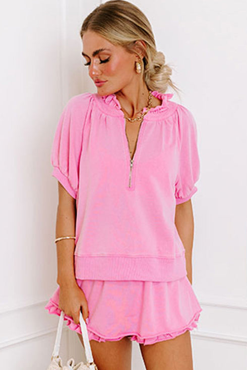 Half Zip Puff Sleeve Top and Ruffled Shorts Set