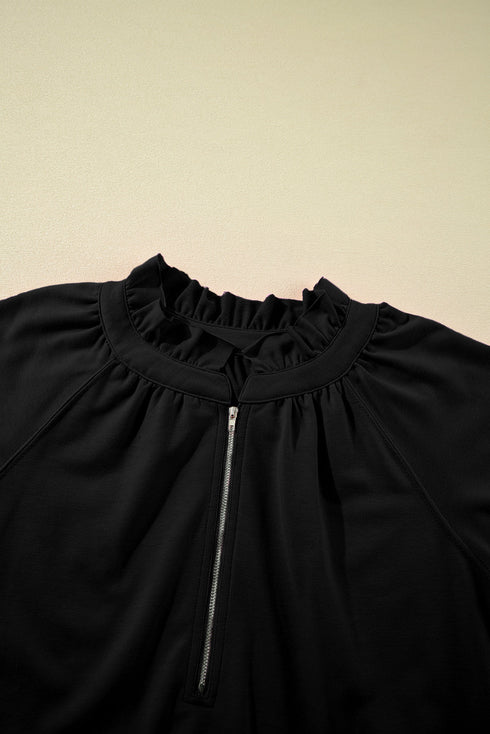 Half Zip Puff Sleeve Top and Ruffled Shorts Set