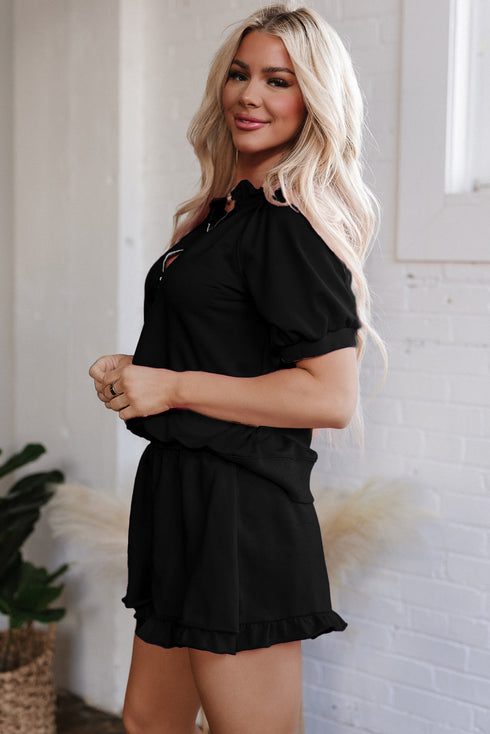 Half Zip Puff Sleeve Top and Ruffled Shorts Set