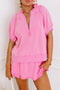 Half Zip Puff Sleeve Top and Ruffled Shorts Set