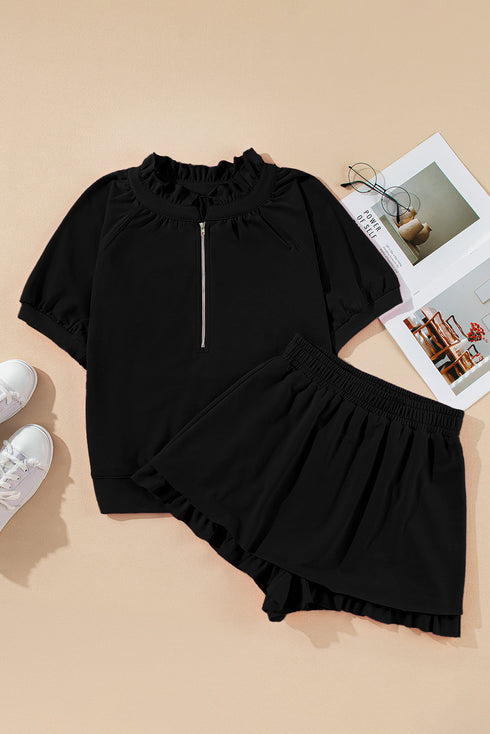 Half Zip Puff Sleeve Top and Ruffled Shorts Set