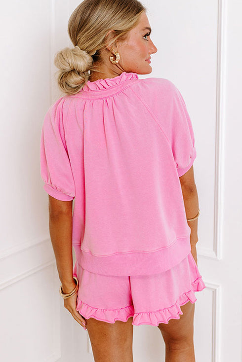 Half Zip Puff Sleeve Top and Ruffled Shorts Set