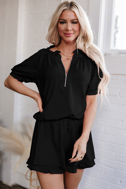 Half Zip Puff Sleeve Top and Ruffled Shorts Set