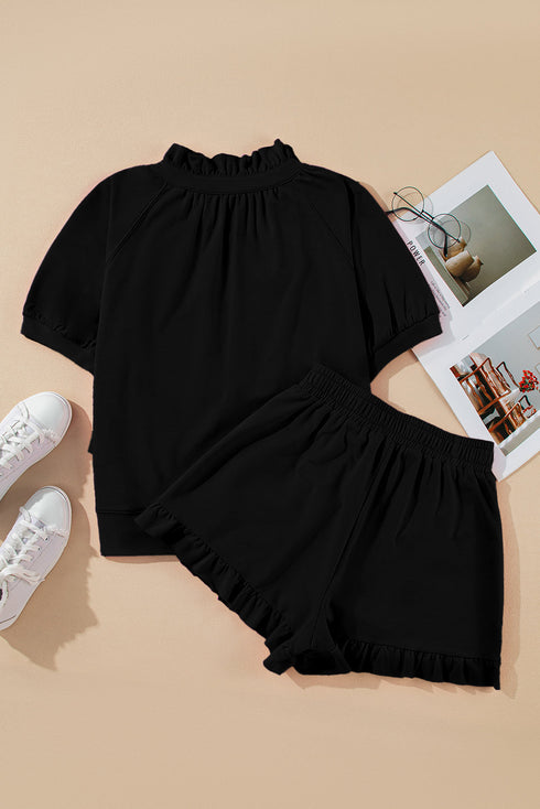 Half Zip Puff Sleeve Top and Ruffled Shorts Set