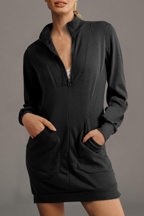 Half Zip Stand Collar Ribbed Panel Sweatshirt Dress