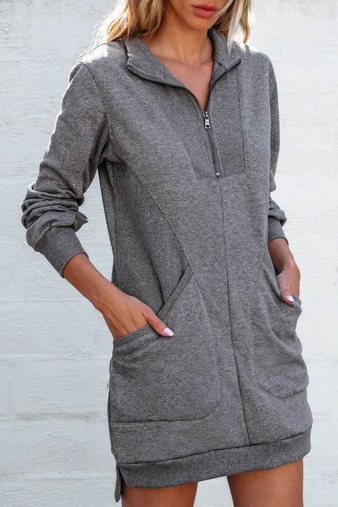 Half Zip Stand Collar Ribbed Panel Sweatshirt Dress