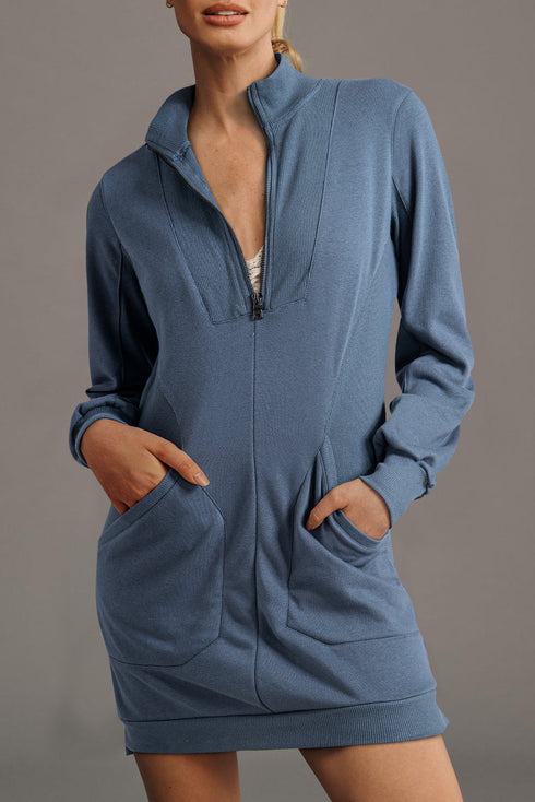 Half Zip Stand Collar Ribbed Panel Sweatshirt Dress