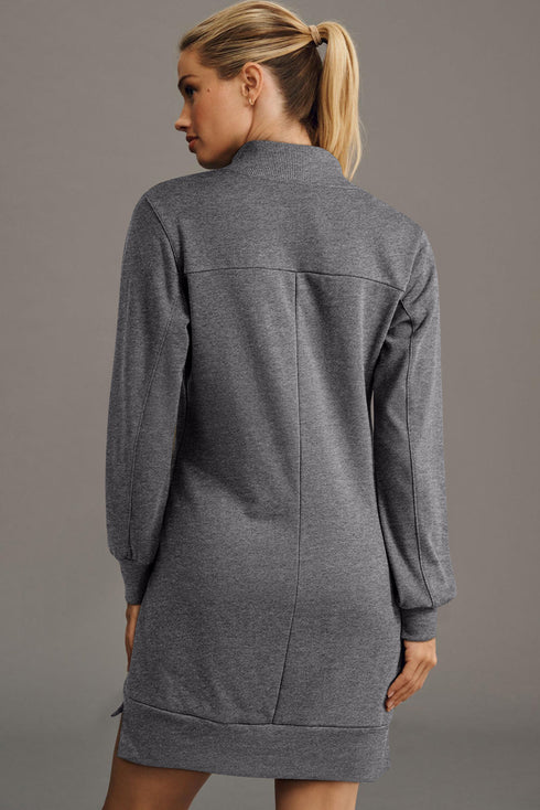 Half Zip Stand Collar Ribbed Panel Sweatshirt Dress