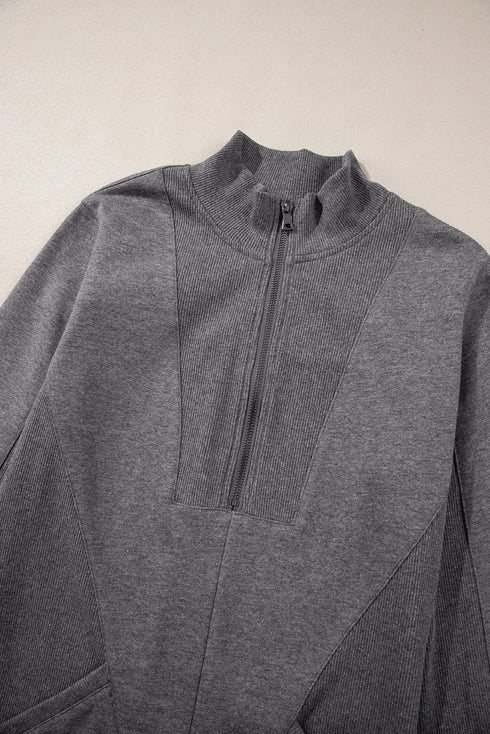 Half Zip Stand Collar Ribbed Panel Sweatshirt Dress