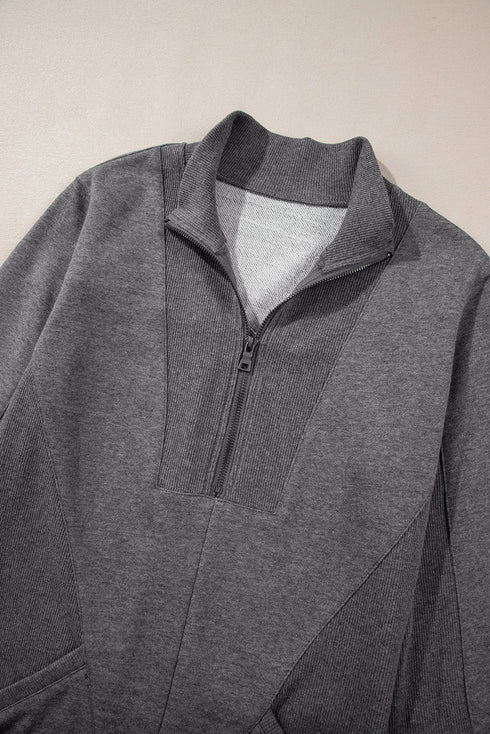 Half Zip Stand Collar Ribbed Panel Sweatshirt Dress