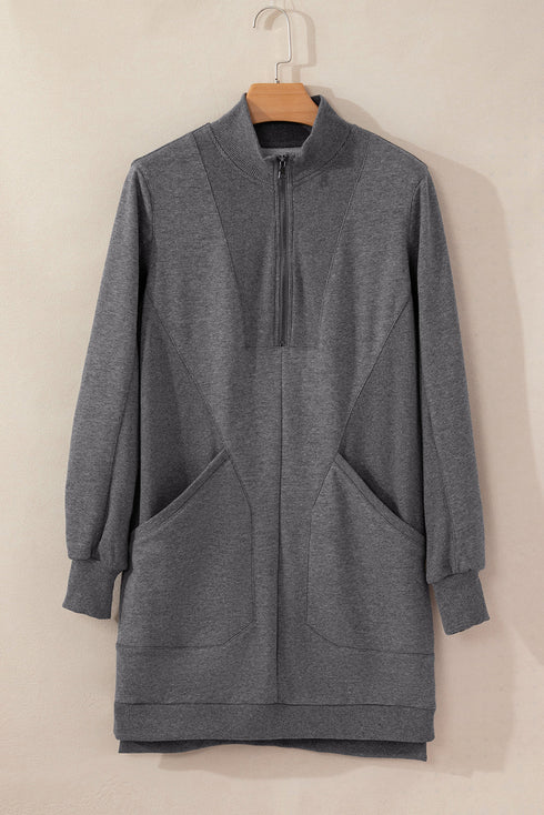 Half Zip Stand Collar Ribbed Panel Sweatshirt Dress