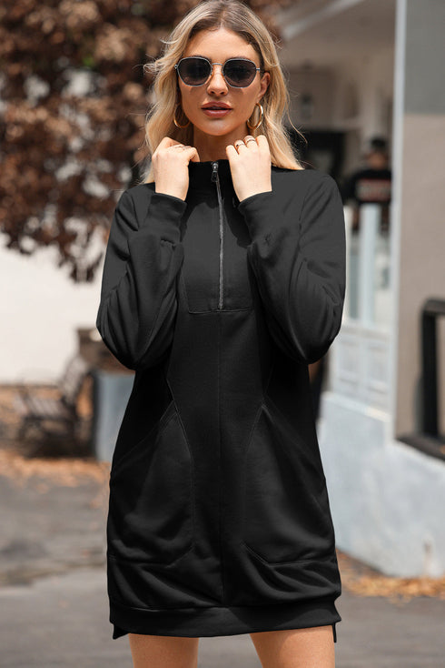 Half Zip Stand Collar Ribbed Panel Sweatshirt Dress