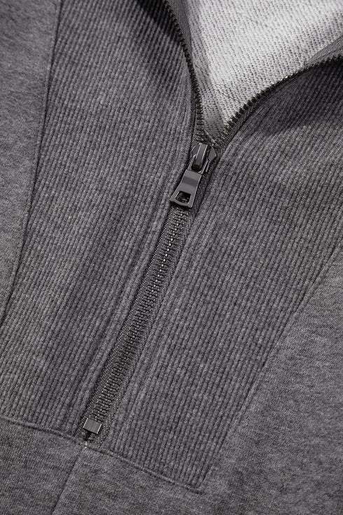 Half Zip Stand Collar Ribbed Panel Sweatshirt Dress
