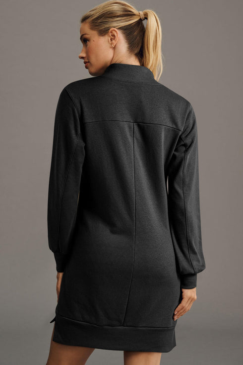Half Zip Stand Collar Ribbed Panel Sweatshirt Dress