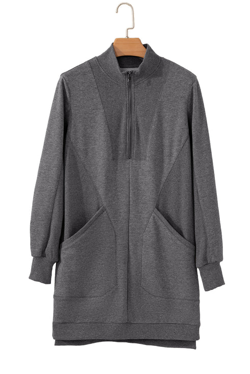 Half Zip Stand Collar Ribbed Panel Sweatshirt Dress