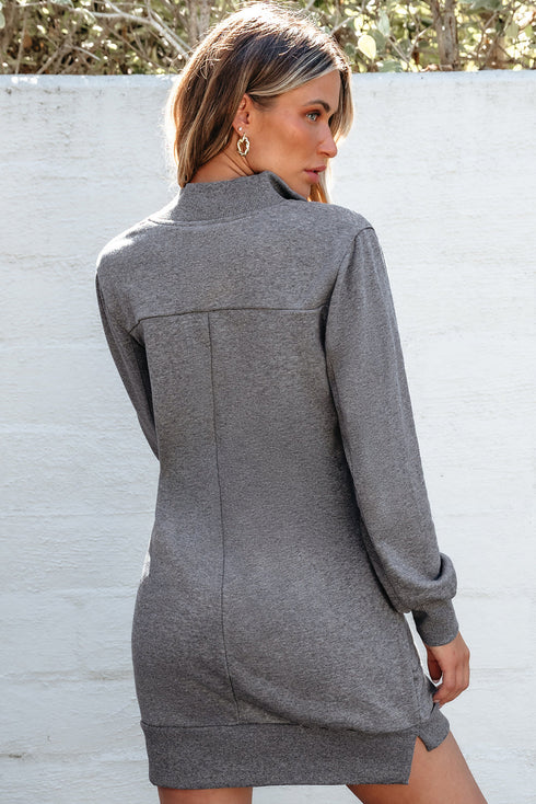 Half Zip Stand Collar Ribbed Panel Sweatshirt Dress