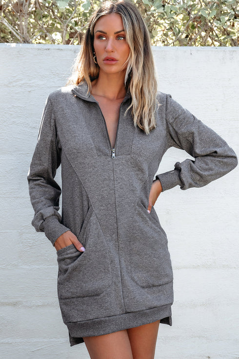 Half Zip Stand Collar Ribbed Panel Sweatshirt Dress
