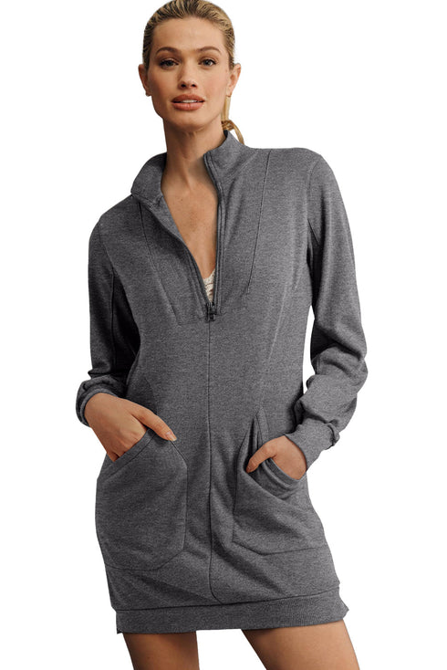 Half Zip Stand Collar Ribbed Panel Sweatshirt Dress