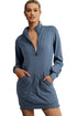 Half Zip Stand Collar Ribbed Panel Sweatshirt Dress
