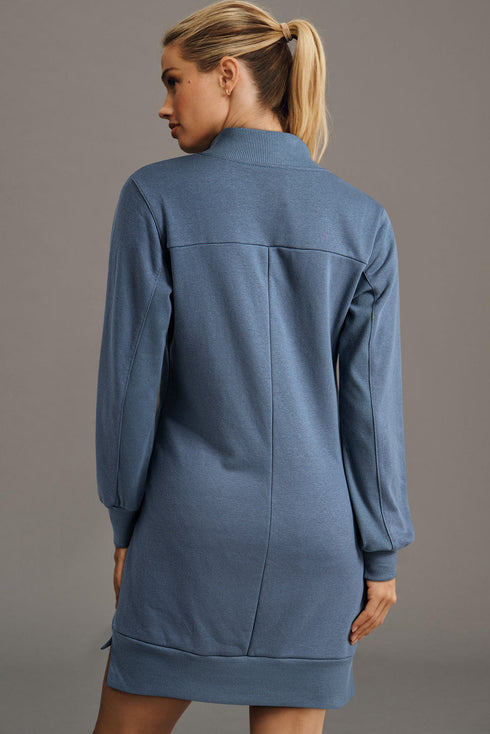 Half Zip Stand Collar Ribbed Panel Sweatshirt Dress