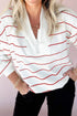 Half Zip V Neck Drop Shoulder Stripe Long Sleeve Top