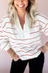Half Zip V Neck Drop Shoulder Stripe Long Sleeve Top