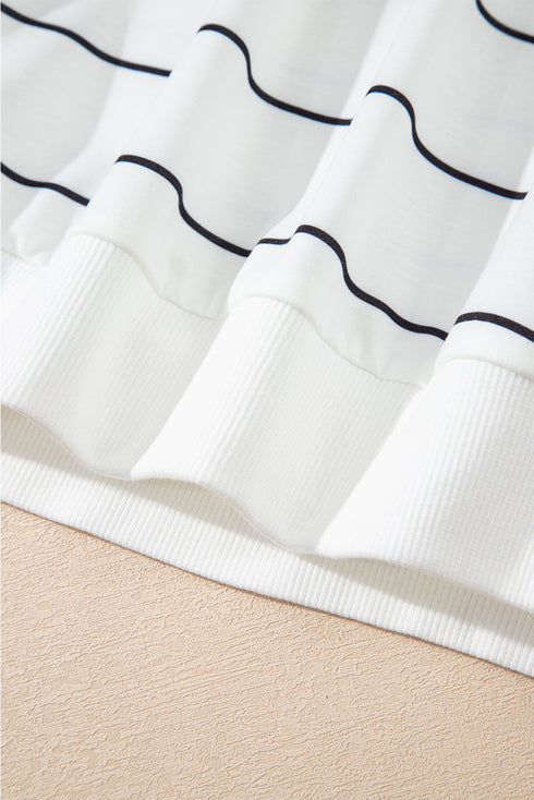 Half Zip V Neck Drop Shoulder Stripe Long Sleeve Top