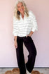 Half Zip V Neck Drop Shoulder Stripe Long Sleeve Top