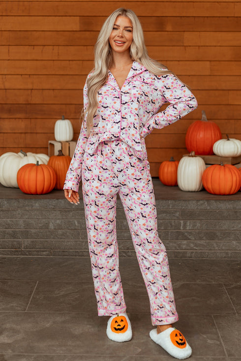 Halloween Bat Print Long Sleeve Soft Knit Pajama Set