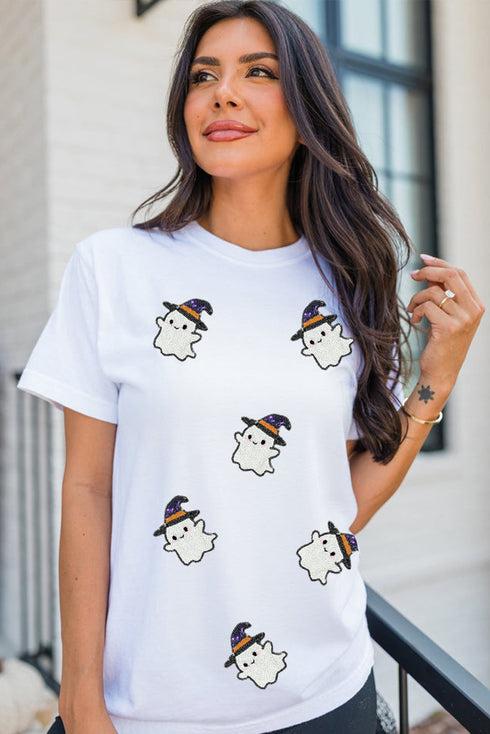 Halloween Ghost Witch Sequin Graphic Short Sleeve Tee