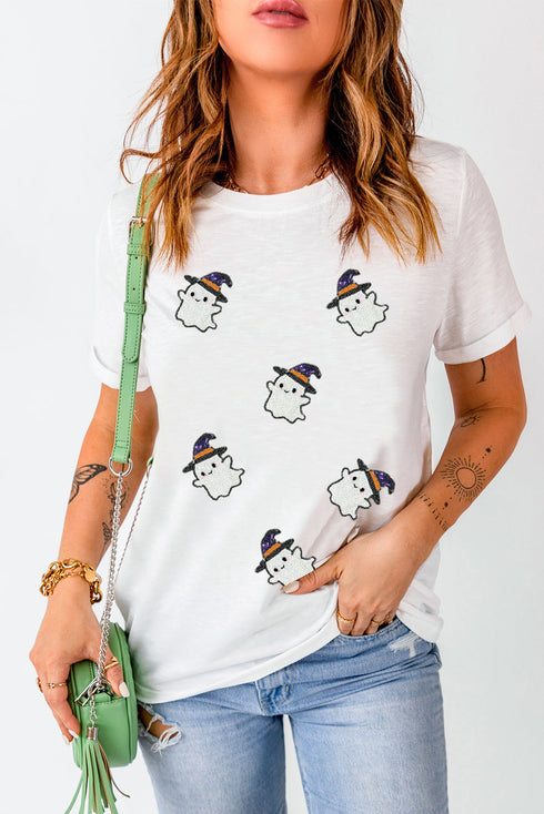Halloween Ghost Witch Sequin Graphic Short Sleeve Tee
