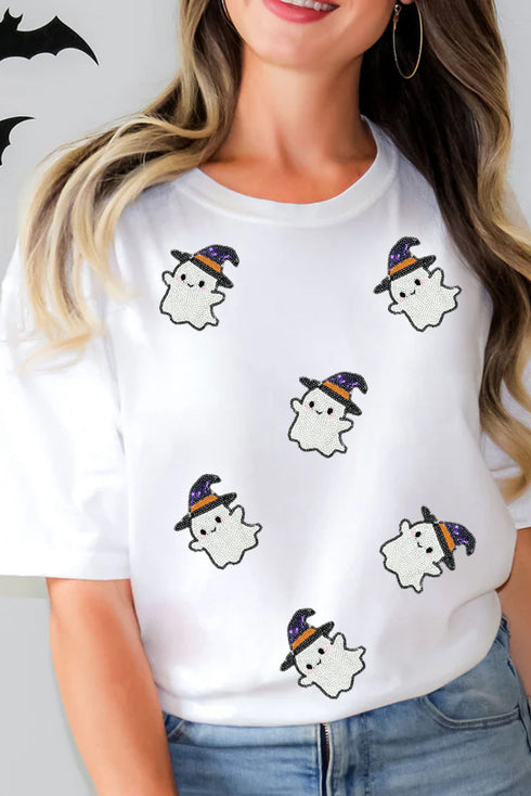 Halloween Ghost Witch Sequin Graphic Short Sleeve Tee