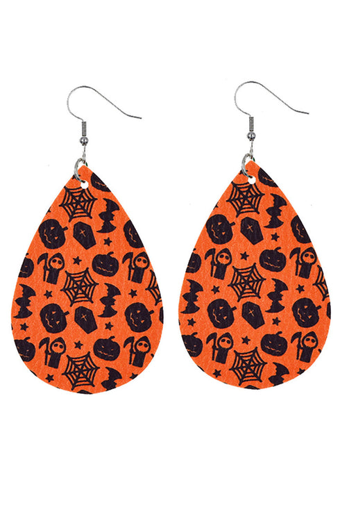 Halloween Pumpkin Bat Spider Web Leather Drop Earrings