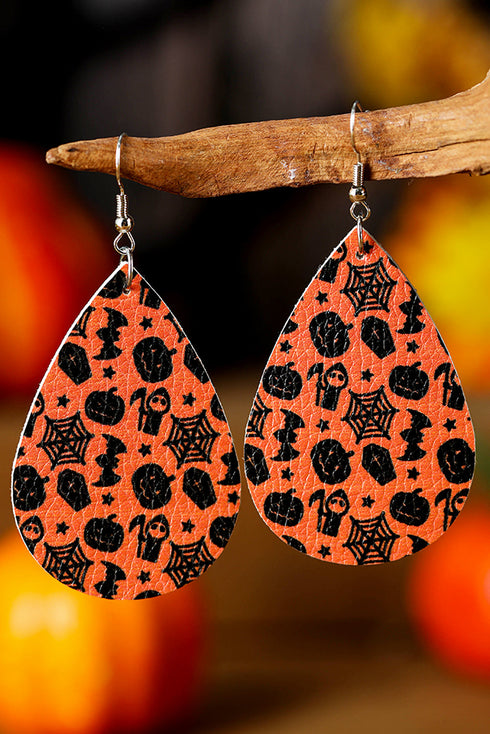Halloween Pumpkin Bat Spider Web Leather Drop Earrings