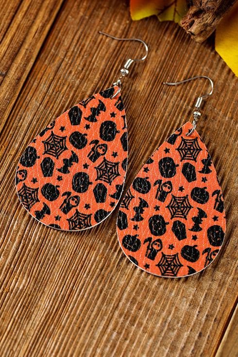 Halloween Pumpkin Bat Spider Web Leather Drop Earrings