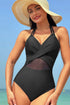 Halter Mesh Insert Cross Front One-Piece Swimsuit