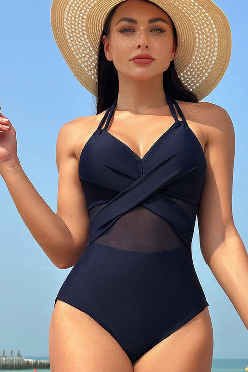 Halter Mesh Insert Cross Front One-Piece Swimsuit
