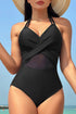 Halter Mesh Insert Cross Front One-Piece Swimsuit