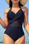 Halter Mesh Insert Cross Front One-Piece Swimsuit