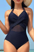 Halter Mesh Insert Cross Front One-Piece Swimsuit