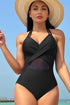 Halter Mesh Insert Cross Front One-Piece Swimsuit
