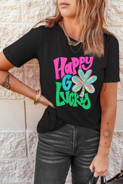 Happy Go Lucky Clover Graphic Crew Neck Shirt