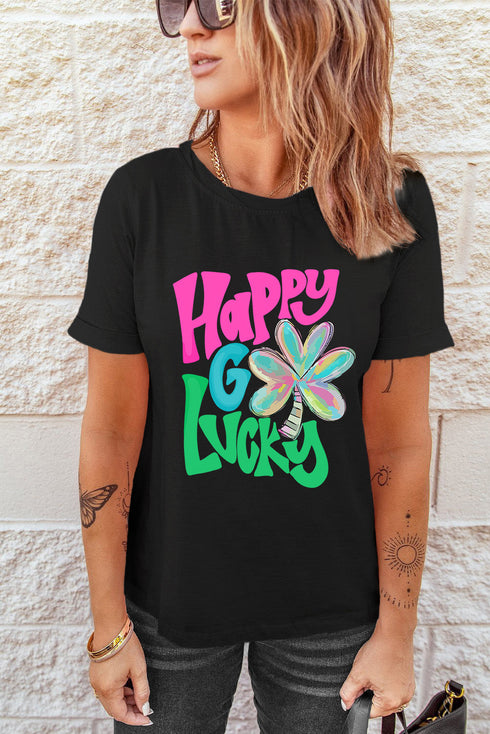 Happy Go Lucky Clover Graphic Crew Neck Shirt