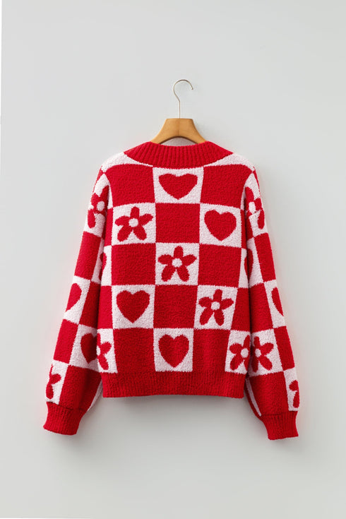 Heart And Flower Checkerboard Plush V Neck Sweater