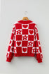 Heart And Flower Checkerboard Plush V Neck Sweater