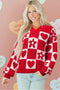 Heart And Flower Checkerboard Plush V Neck Sweater